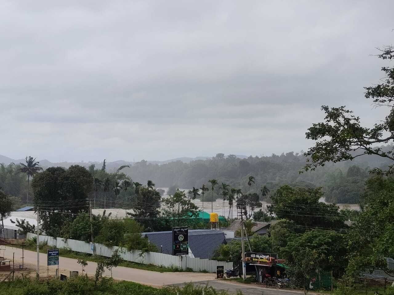 Vista de um rio com uma ponte, rodeado por vegetação e edifícios.