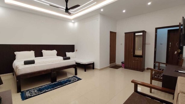 Una habitación de hotel moderna con una cama, un escritorio, una silla, un ventilador de techo y un televisor.