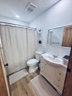 A bathroom with a shower curtain, toilet, sink, and wooden cabinet. - 3 bedroom house in quiet Warsaw neighborhood sitting on Lake of the Ozarks! (Warsaw)