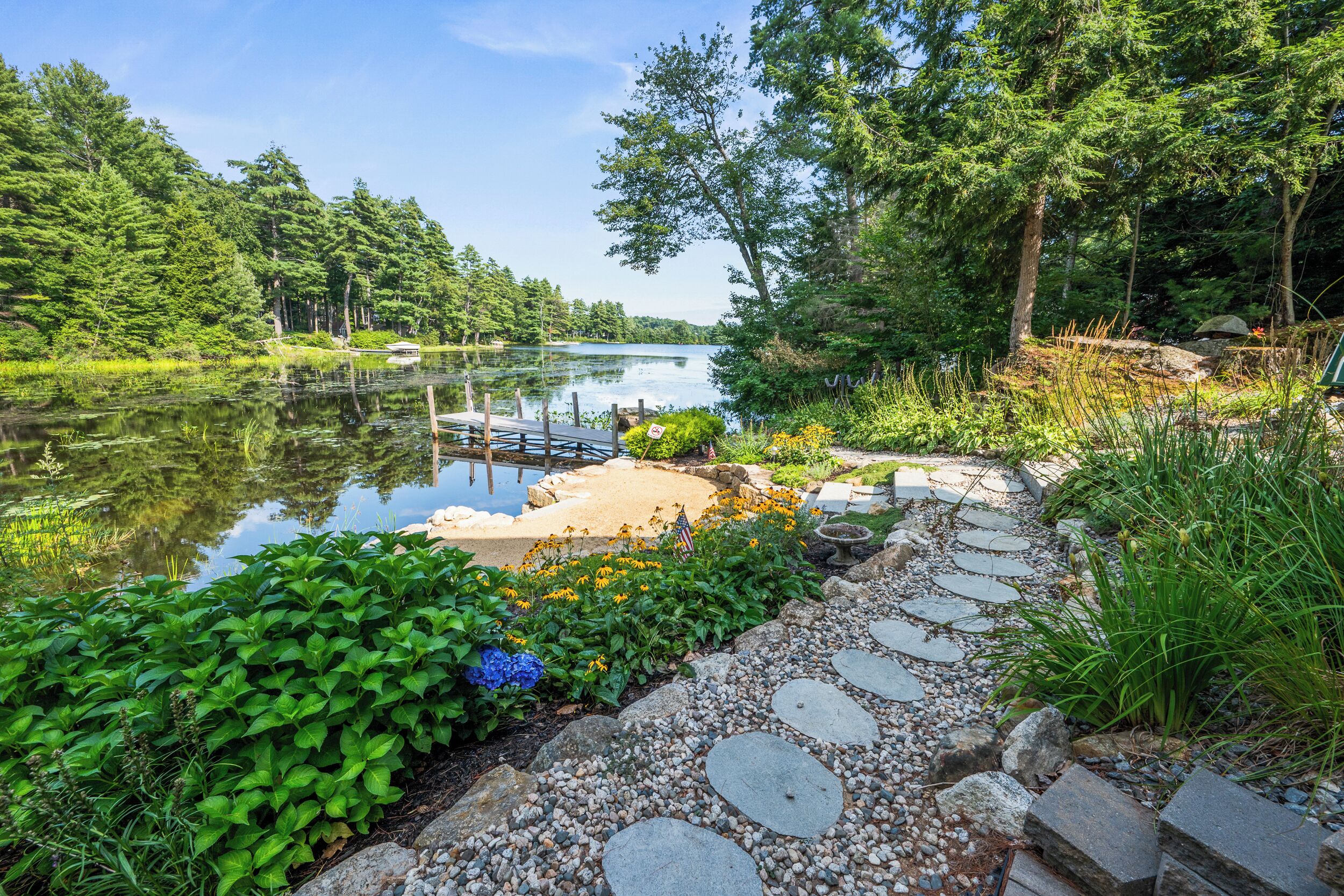 Un sentier paisible longeant un lac, avec un quai, entouré d’une végétation luxuriante et d’une grande variété de plantes.