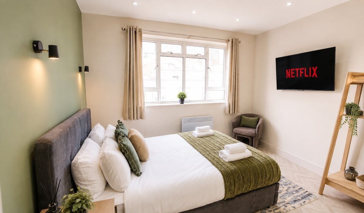 A hotel room with a bed, a TV, a window with curtains, a bedside table, and a plant.