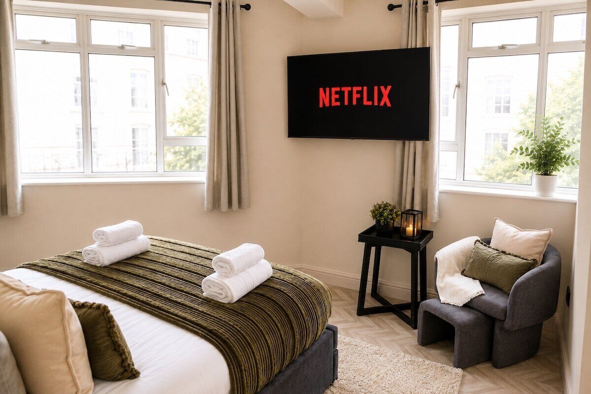 A hotel room with a bed, a TV mounted on the wall, a chair, and a small table with a plant.