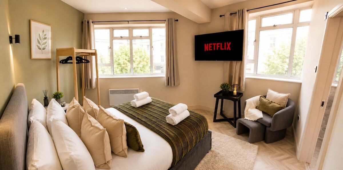 Habitación de hotel con cama, televisión, silla y ventana.