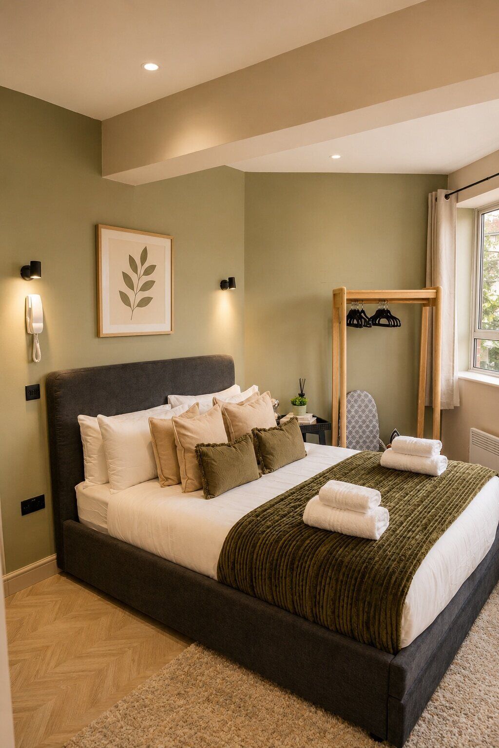 A neatly made bed with a dark headboard, a bedside table with a lamp, a framed leaf artwork, and a coat rack with hanging items.