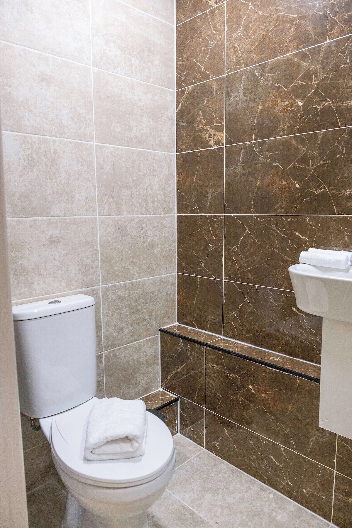 A bathroom with a toilet, a towel rack, and a marble wall.