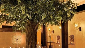 An outdoor dining area with tables and chairs, a tree, and wall-mounted lights.
