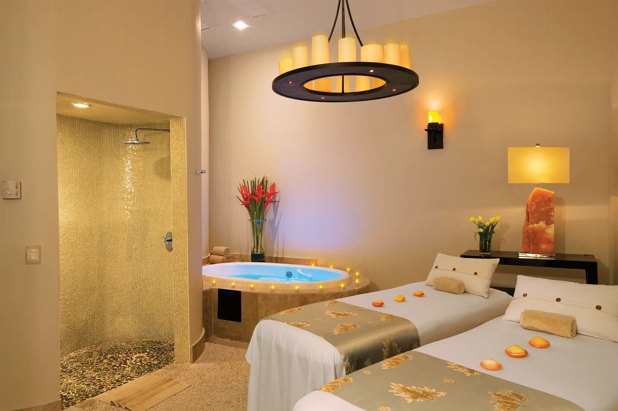 A hotel room with a shower, a bathtub, a bed, a bedside table, and a wall-mounted lamp.
