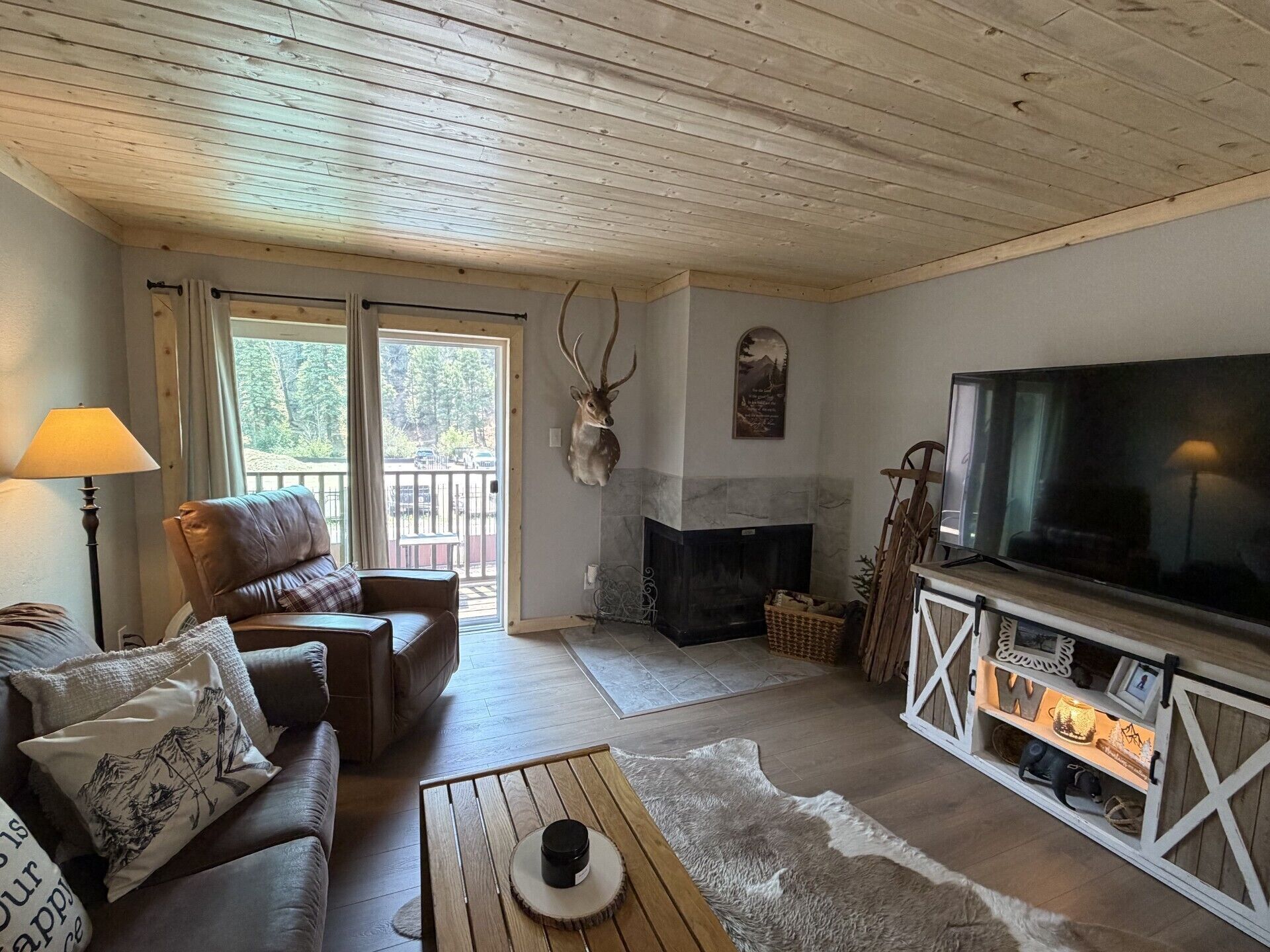 A cozy living room with a leather sofa, a television, a fireplace, and a mounted deer head.