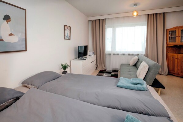 A bedroom with two beds, a television, a small table, a plant, and a window with curtains.