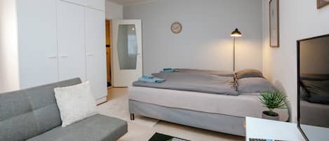 Een kleine slaapkamer met een bed, een bank, een bureau met een laptop en een kleine plant.