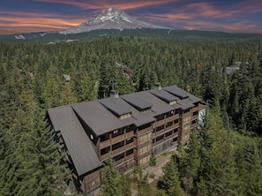 Eine mehrstöckige Lodge mit dunklem Dach, umgeben von dichtem Wald, mit einem Berg im Hintergrund.
