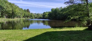 A calm lake surrounded by lush greenery and trees. - DETACHED HOUSE WITH ACCESS TO A POND FOR FISHERS (Bussière Galant)