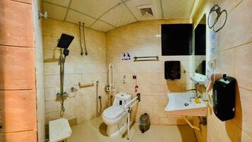 Shower, hair dryer, towels