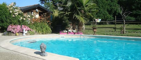 A swimming pool with a Buddha statue, surrounded by lush greenery and a house with a tiled roof.