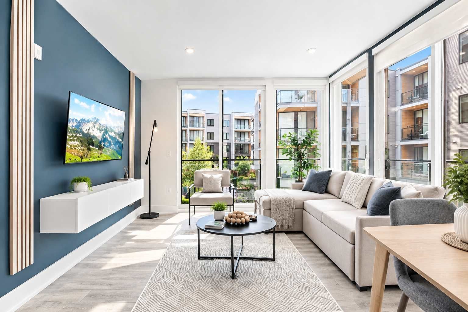 Ein modernes Wohnzimmer mit Sofa, Sesseln und Couchtisch, einem flachbildfernseher an der Wand und einem großen Fenster mit Blick auf die Stadt.