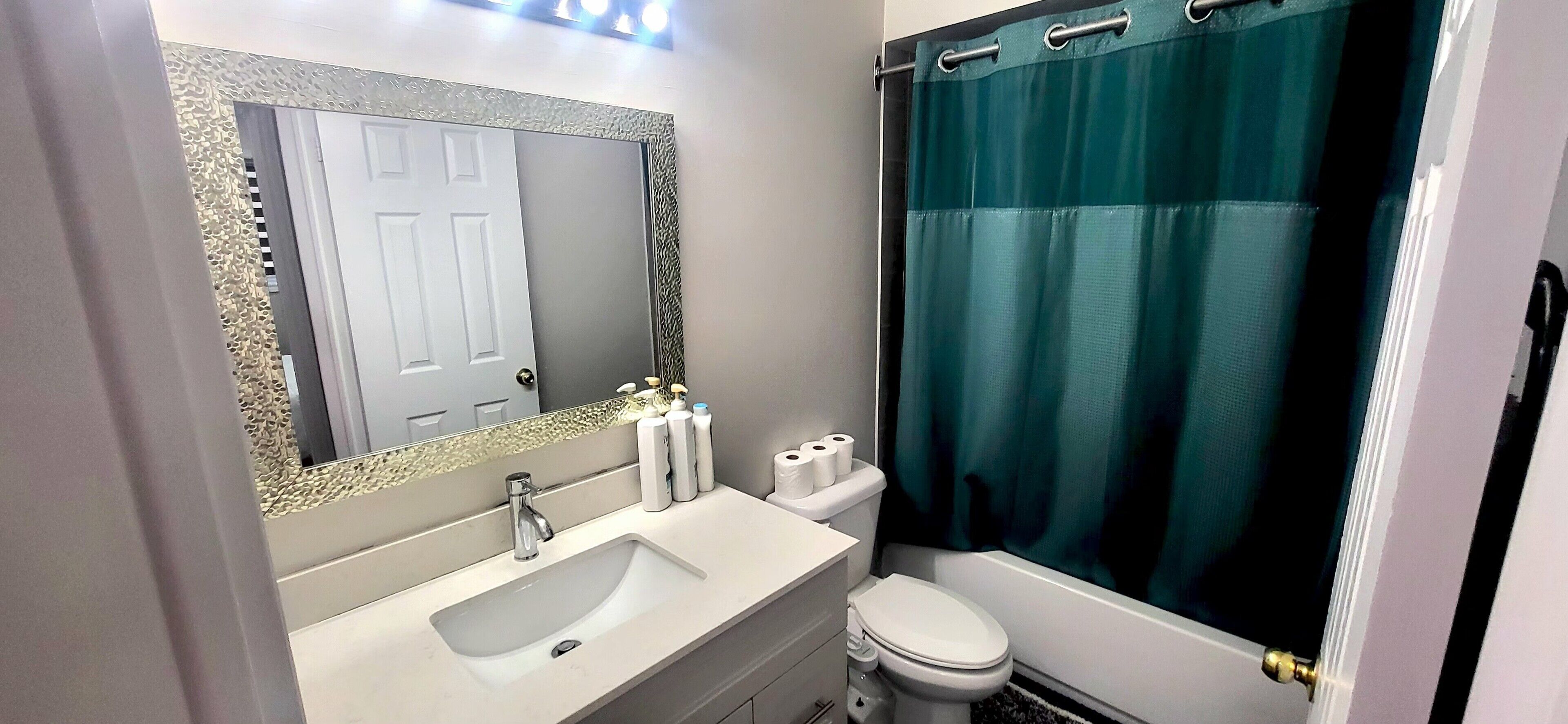 A bathroom with a sink, toilet, and shower curtain.