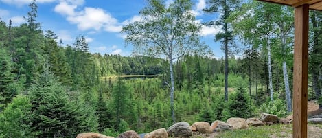 Eine Holzterrasse mit Blick auf eine bewaldete Landschaft und einen klaren Himmel.