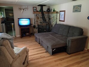 A living room with a grey sectional sofa, a television on a wooden stand, a stone fireplace, and a deer skull decoration. - Cozy 2-bedroom cabin in lovely Lake City with AC (Lake City)