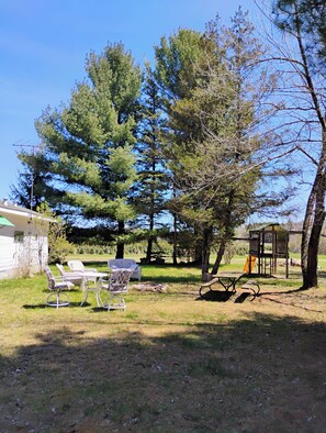 A grassy outdoor area with a picnic table and chairs, a wooden play structure, and a building with a green roof. - Cozy 2-bedroom cabin in lovely Lake City with AC (Lake City)