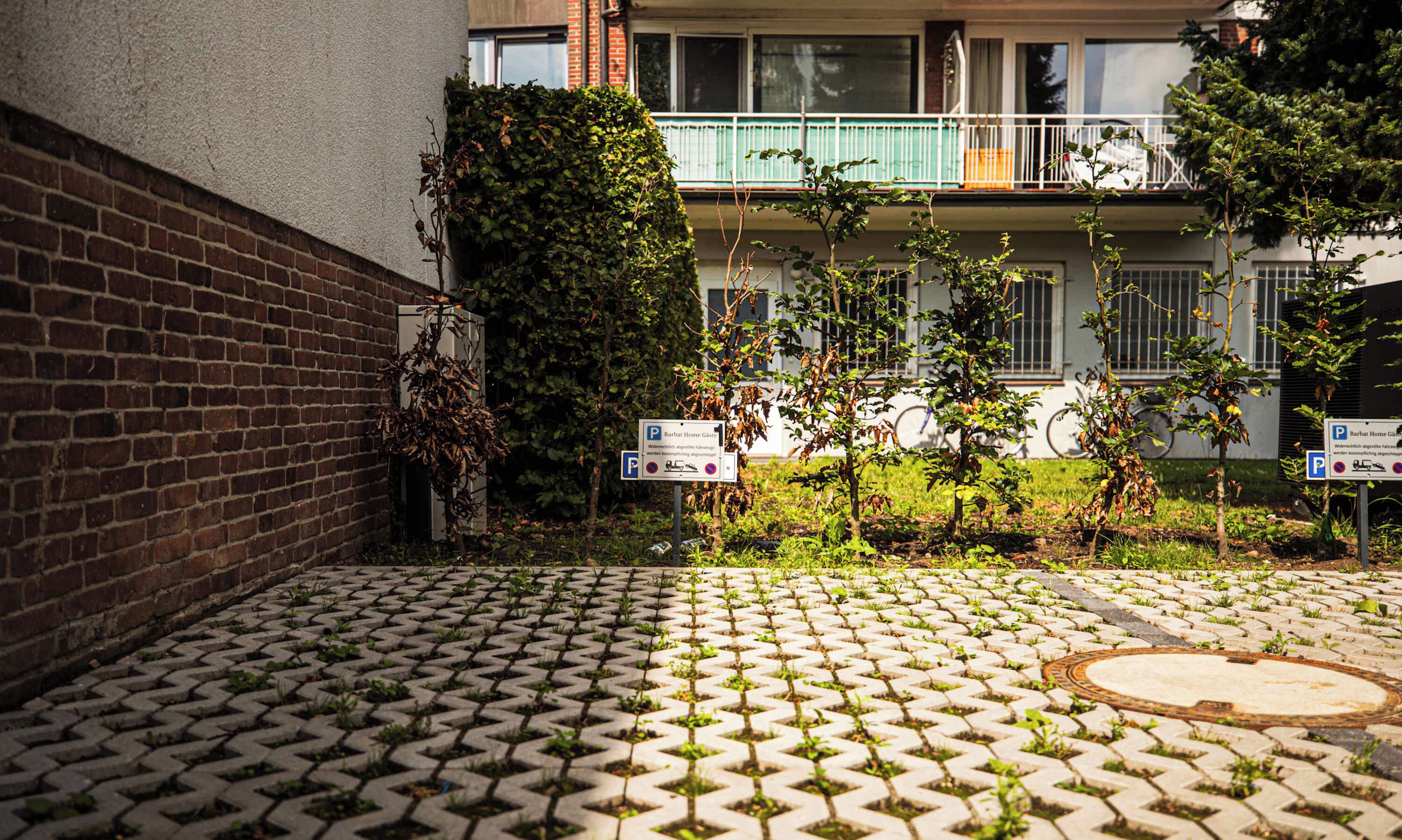 A paved courtyard with a brick wall, a green hedge, and a building with a balcony in the background.