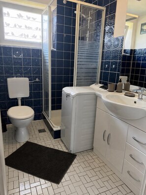A bathroom with a toilet, a shower, and a sink. - "Reethus – A Little Getaway" Vacation Rental in a Quiet Setting, Near the North Sea and the Islands (Bosbüll)