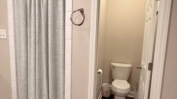 Shower, hair dryer, towels, toilet paper