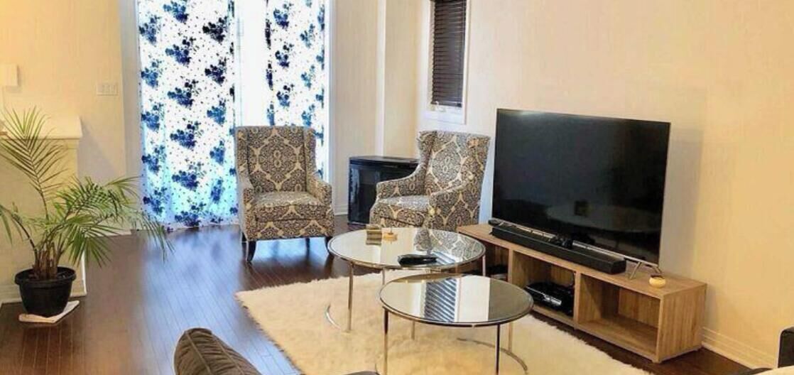 A living room with a flat-screen TV, two patterned armchairs, a coffee table, and a potted plant.