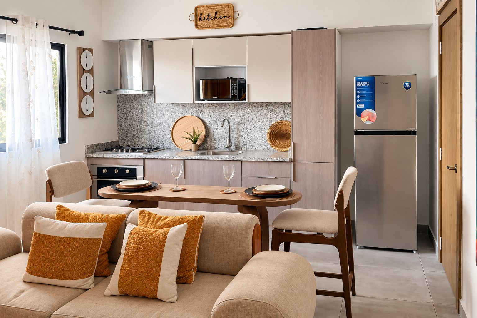 A modern kitchen with a dining area, a refrigerator, and a wall-mounted sign.