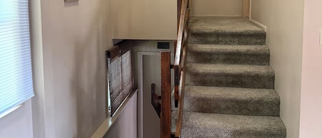 Una escalera con peldaños alfombrados que conduce a una plataforma.