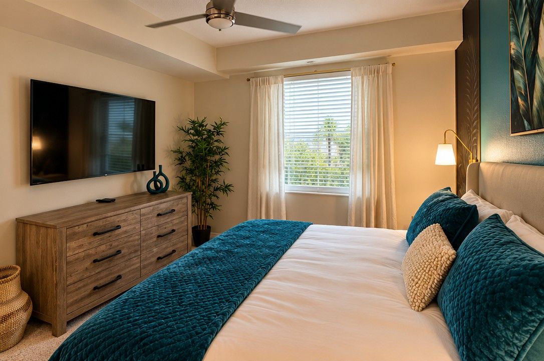 A bedroom with a bed, a television, a ceiling fan, a window with curtains, and a bedside lamp.
