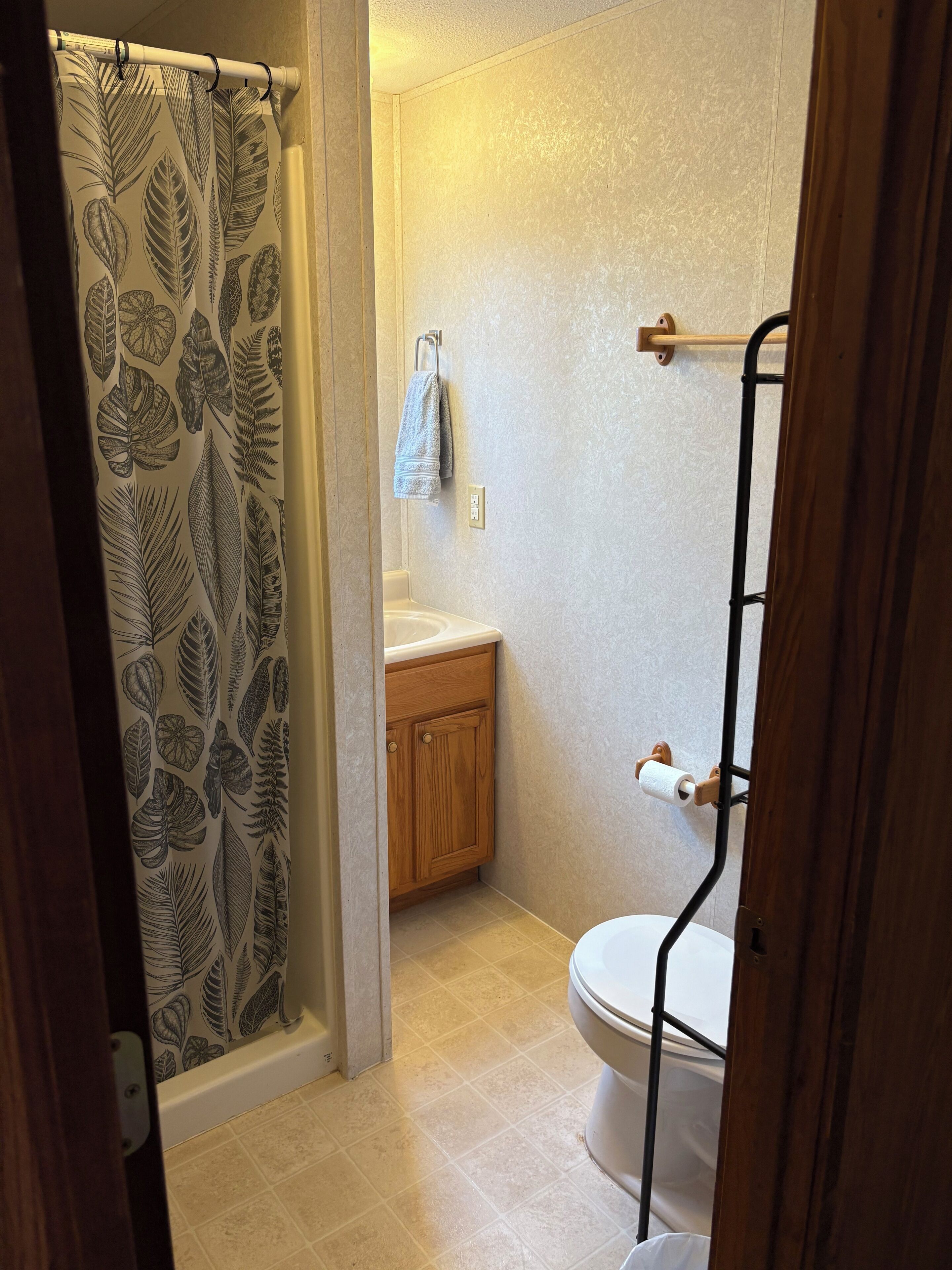 Shower, towels, toilet paper