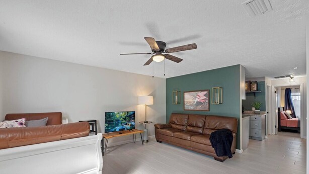 A living room with a brown leather sofa, a television on a wooden stand, a ceiling fan, and a green accent wall. - Magnolia House; Grille/Firepit/Patio View! (Tampa)