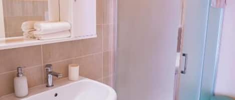 A bathroom with a sink, mirror, and shower enclosure.