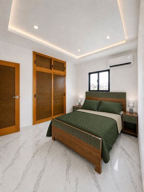 A bedroom with a bed, nightstands, a wardrobe, and an air conditioning unit. - Ocean View, 5 min drive to Beach, Hot Water, Elevator, 24/7 Power. (La Romana)