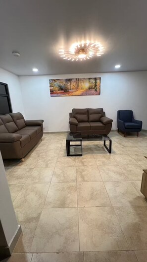A living room with a brown sofa, a blue armchair, and a modern ceiling light fixture.