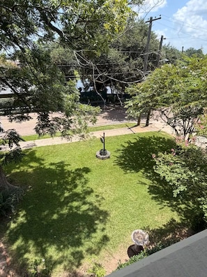 A grassy yard with a metal sculpture, trees, and a power line in the background.