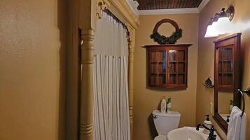Hair dryer, towels, soap, toilet paper