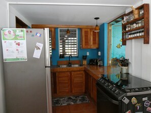 A compact kitchen with wooden cabinets, a refrigerator, a sink, and a stove. - Authentic Sarteneja– Pool, Birds & Tranquility (Sarteneja)