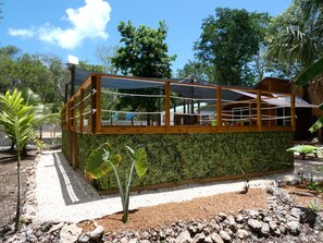 Una estructura de fusta amb un sostre transparent, envoltada de vegetació i un camí de grava.