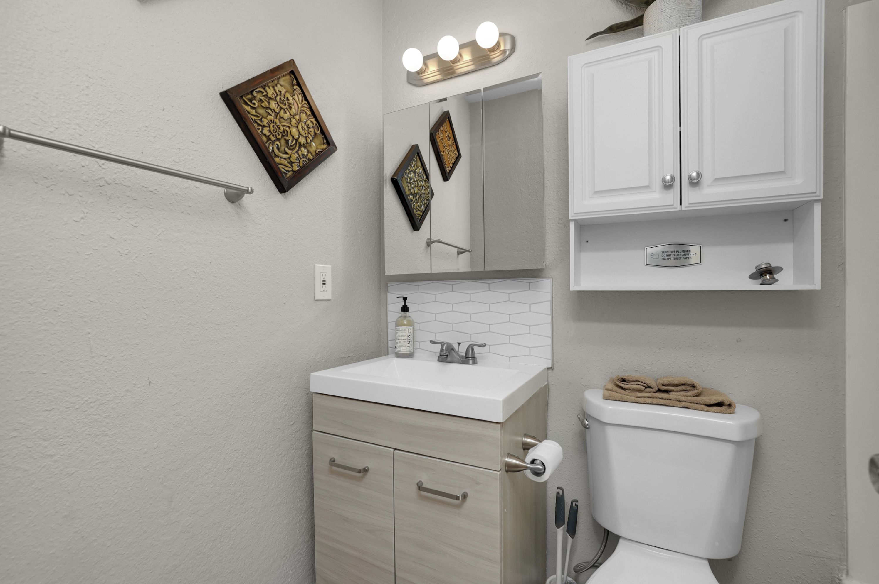 Hair dryer, towels, soap, shampoo
