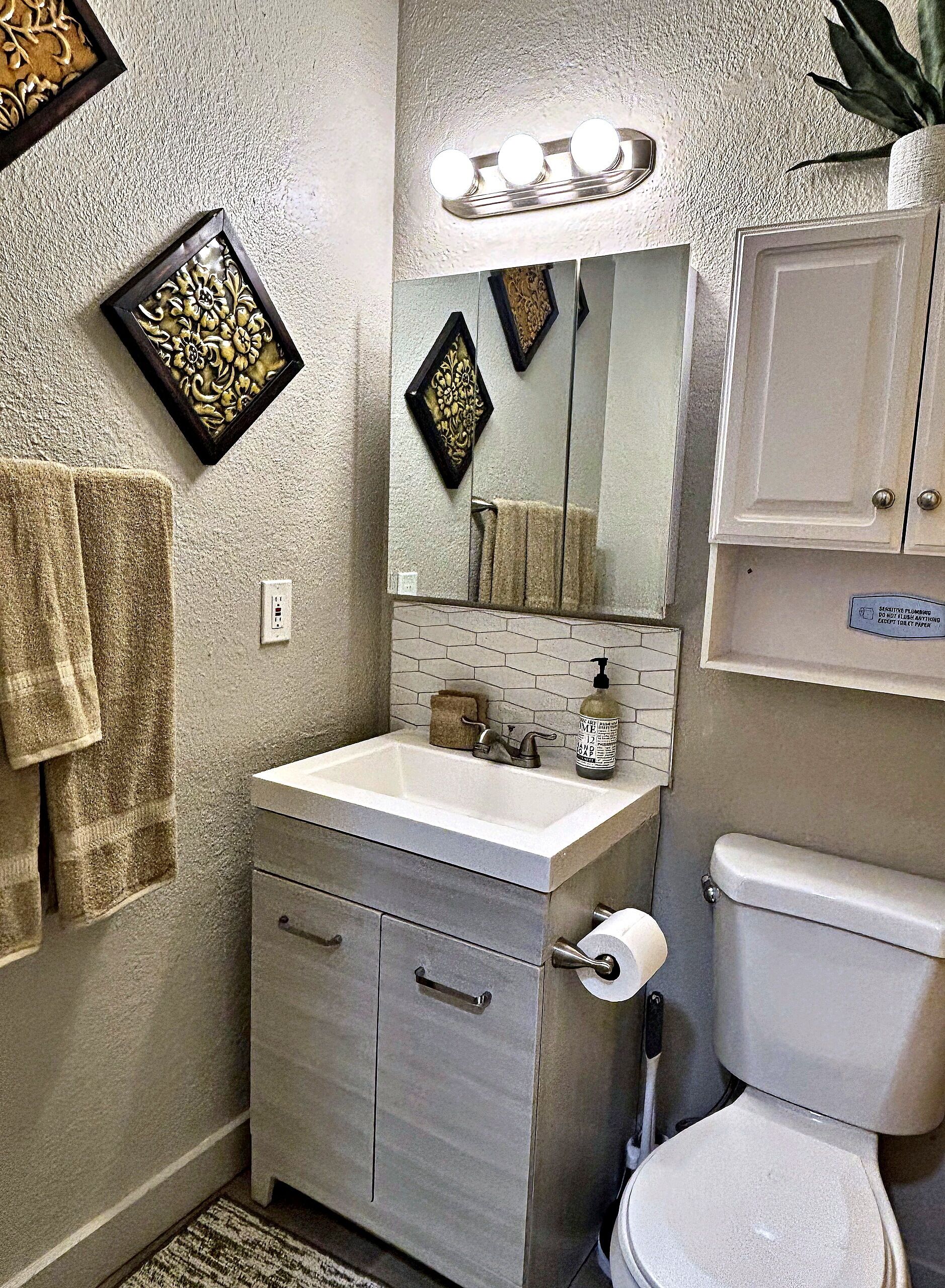 Hair dryer, towels, soap, shampoo