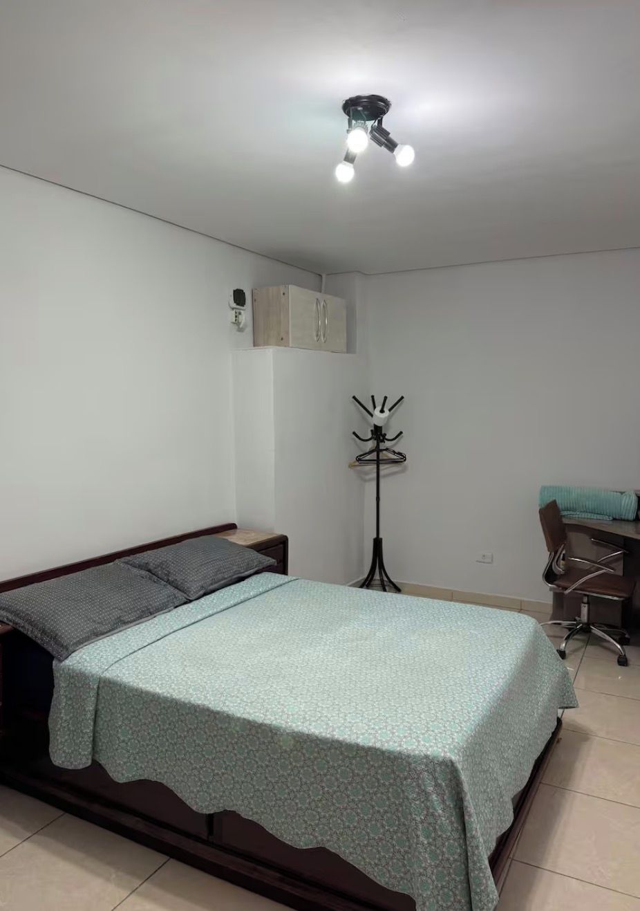 Un dormitorio con una cama, un escritorio, una silla, un perchero y una lámpara en el techo.