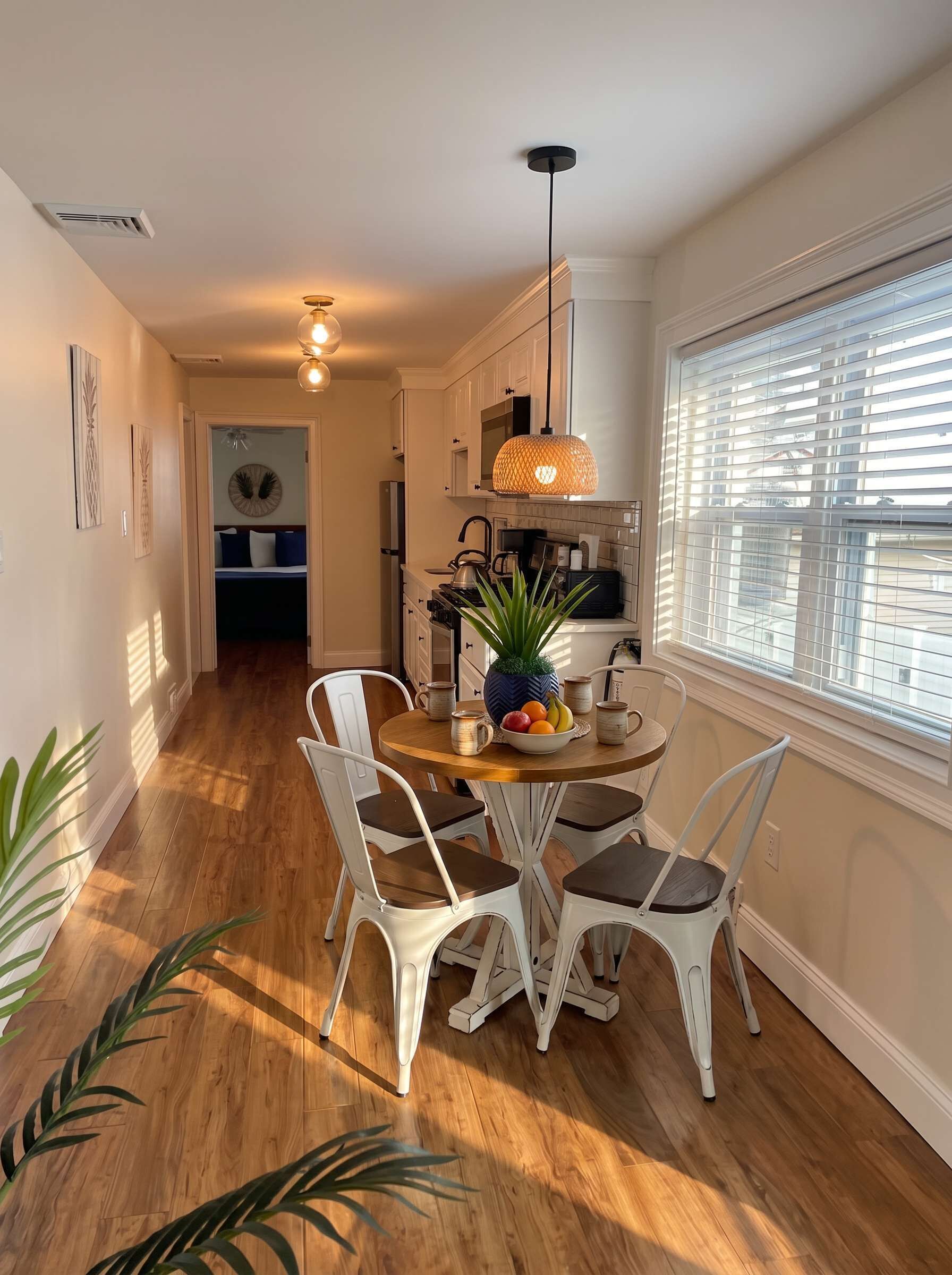 A kitchen with white cabinets, a dining table with chairs, a hanging light fixture, and a window with blinds.