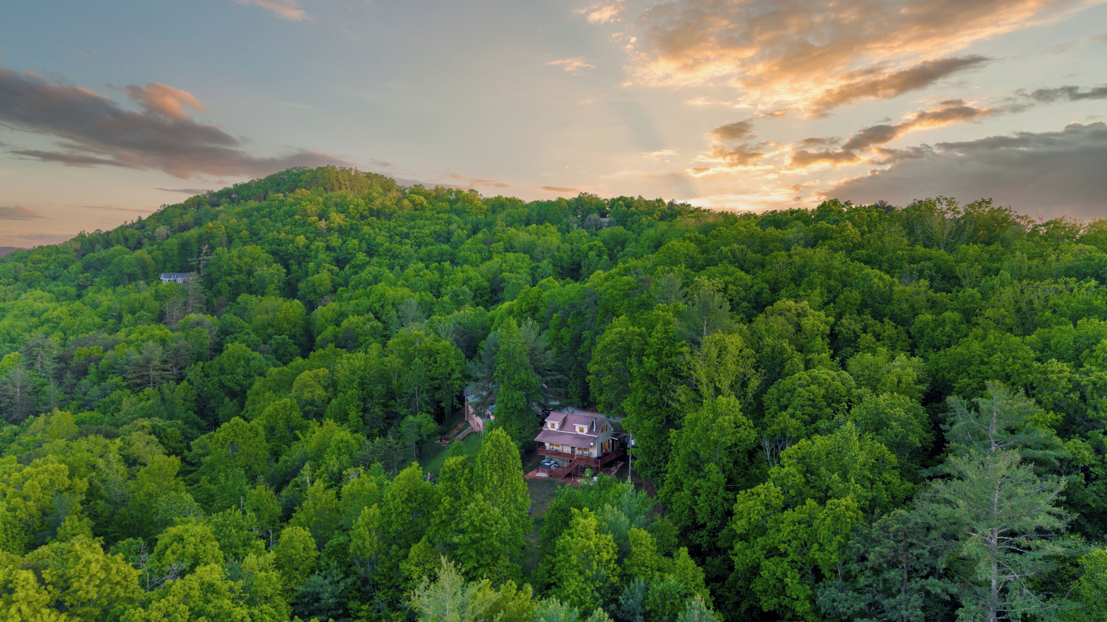 Una casa rodeada de un bosque frondoso, con un cielo despejado.