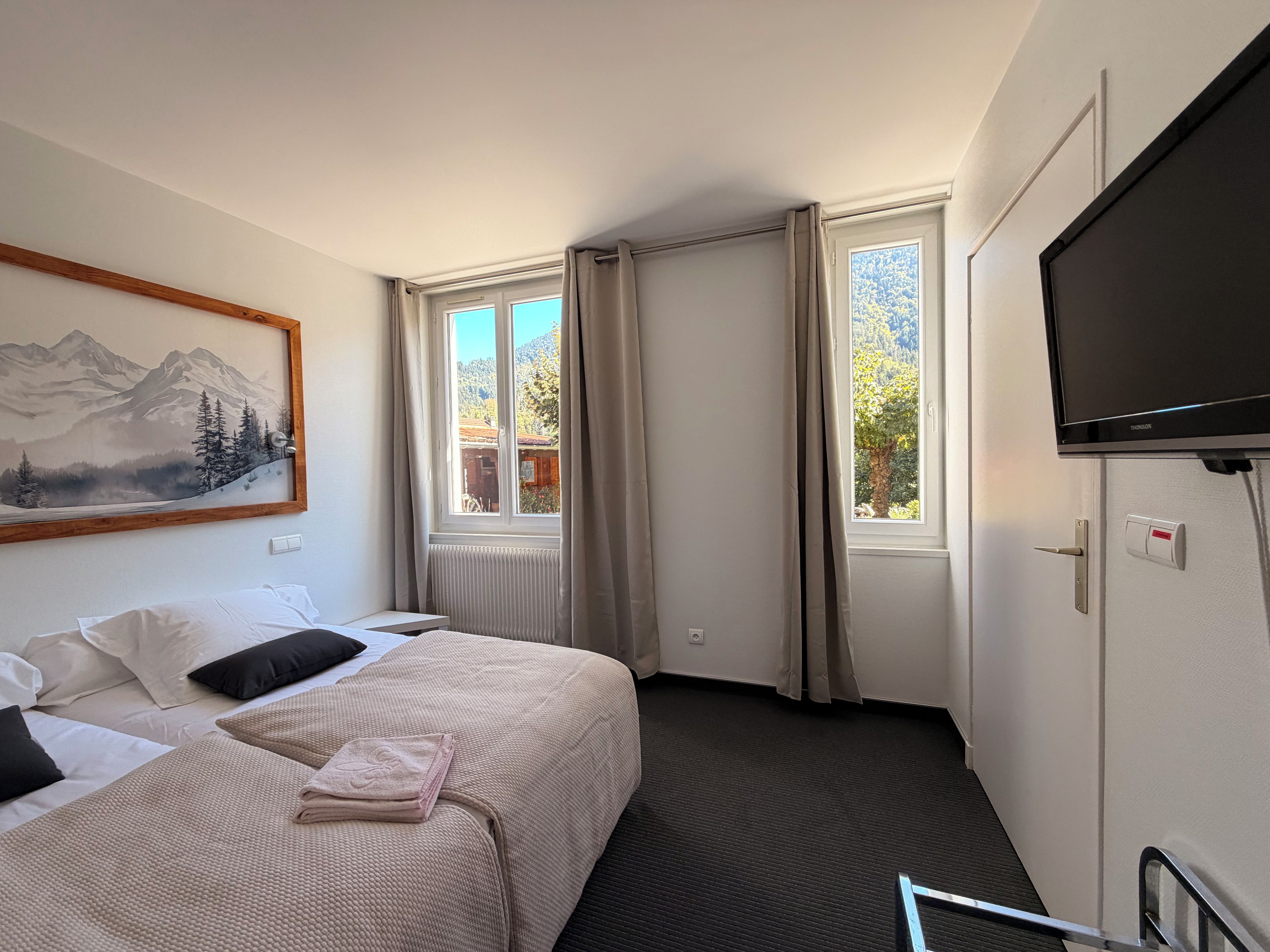 Una habitación de hotel con una cama, un cuadro, un televisor y dos ventanas con cortinas.