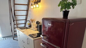 A compact kitchen with a built-in refrigerator, a sink, and a ladder against the wall. - Authentic Rincon, a touch of vintage charm (Rincon)