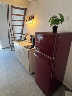 Eine kleine Küche mit einem integrierten Kühlschrank, einem Spülbecken und einer an der Wand stehenden Leiter.