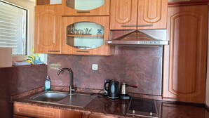 A compact kitchen with wooden cabinets, a stainless steel sink, a kettle, and a stove.