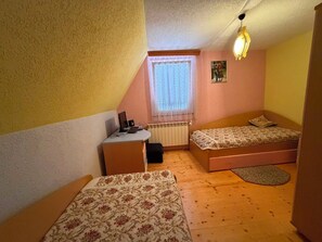 Une petite chambre avec deux lits simples, un bureau, un radiateur et une fenêtre avec des stores.