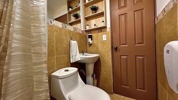 A bathroom with a toilet, sink, and a wooden door.